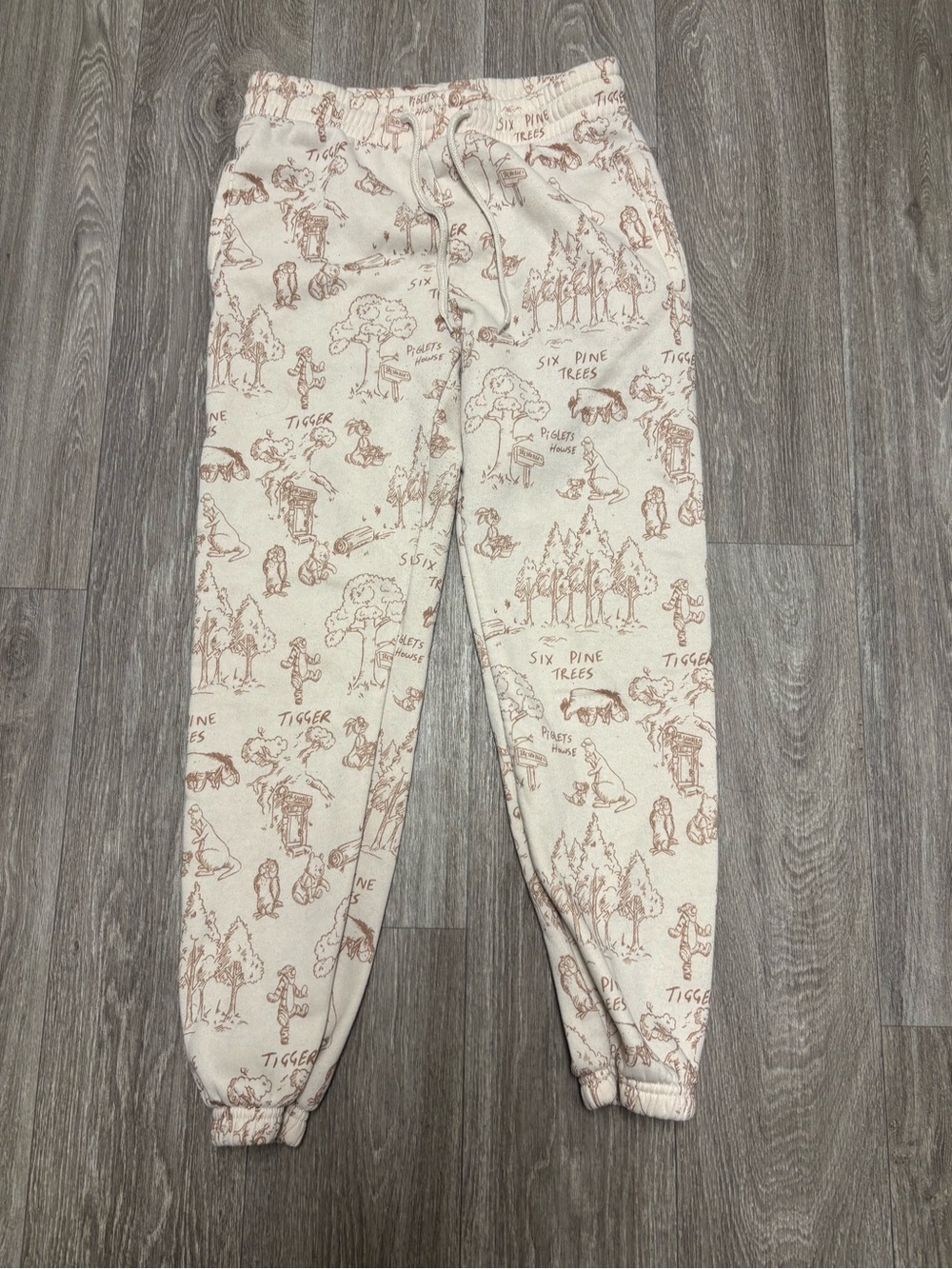 Disney Winnie the Pooh Toile Print Jogger Sweatpants Cream Brown S